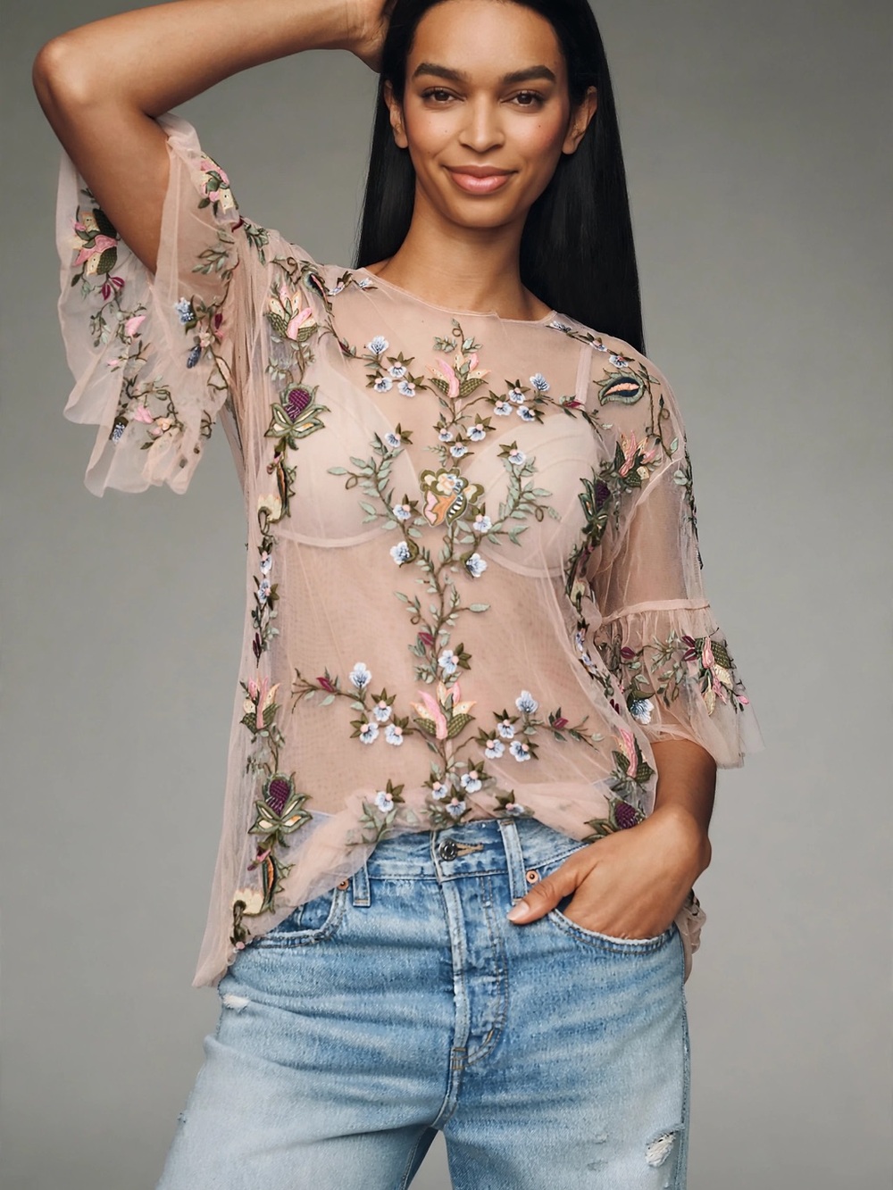 ZARA Sheer Floral Embroidered Mesh Blouse — Size S